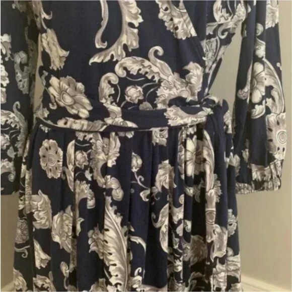 Talbots Silk Blend Faux Wrap Print Blue and Gray Dress Size 6P - Picture 4 of 6